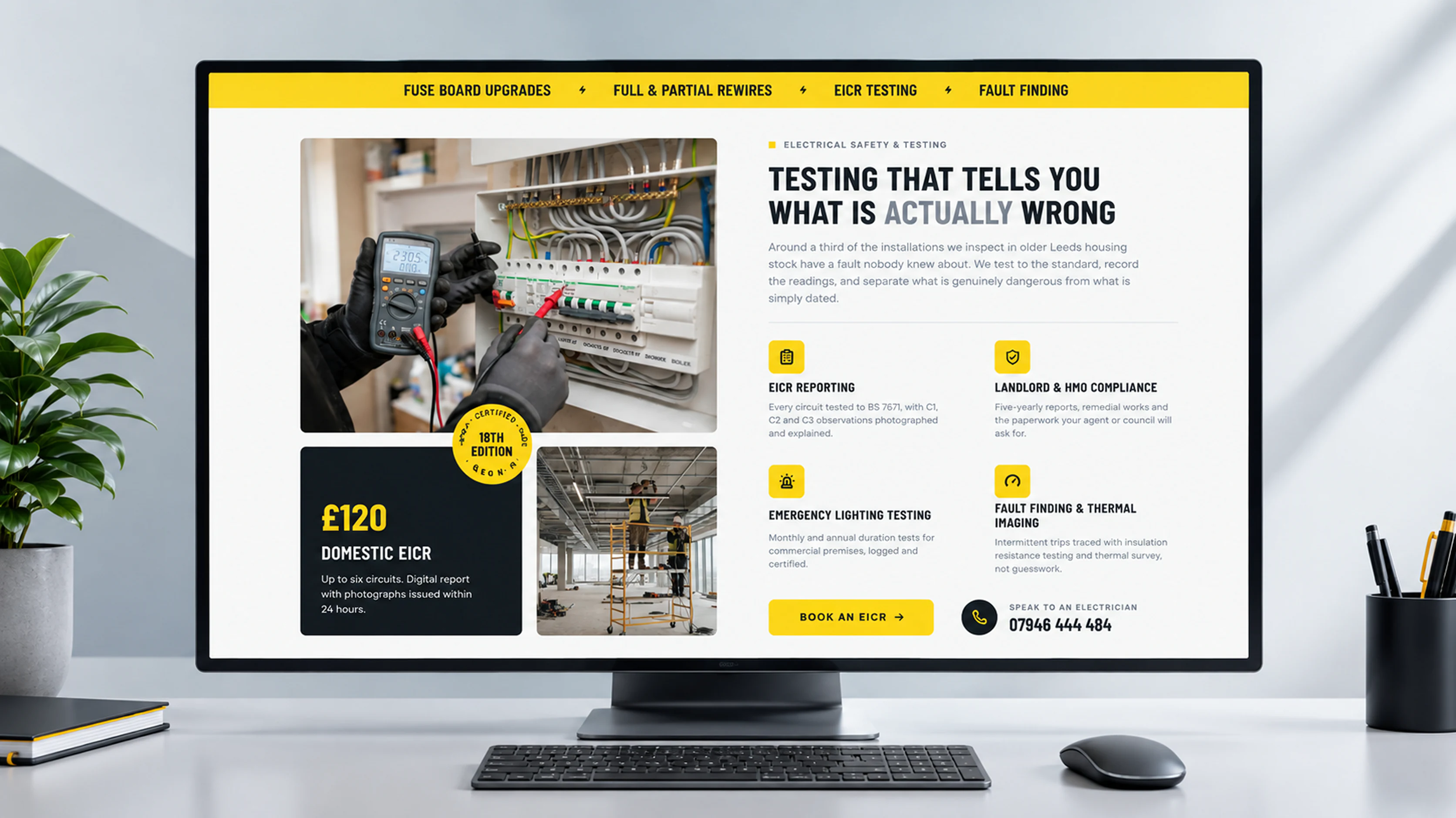 Lux Electrics homepage hero and services interface