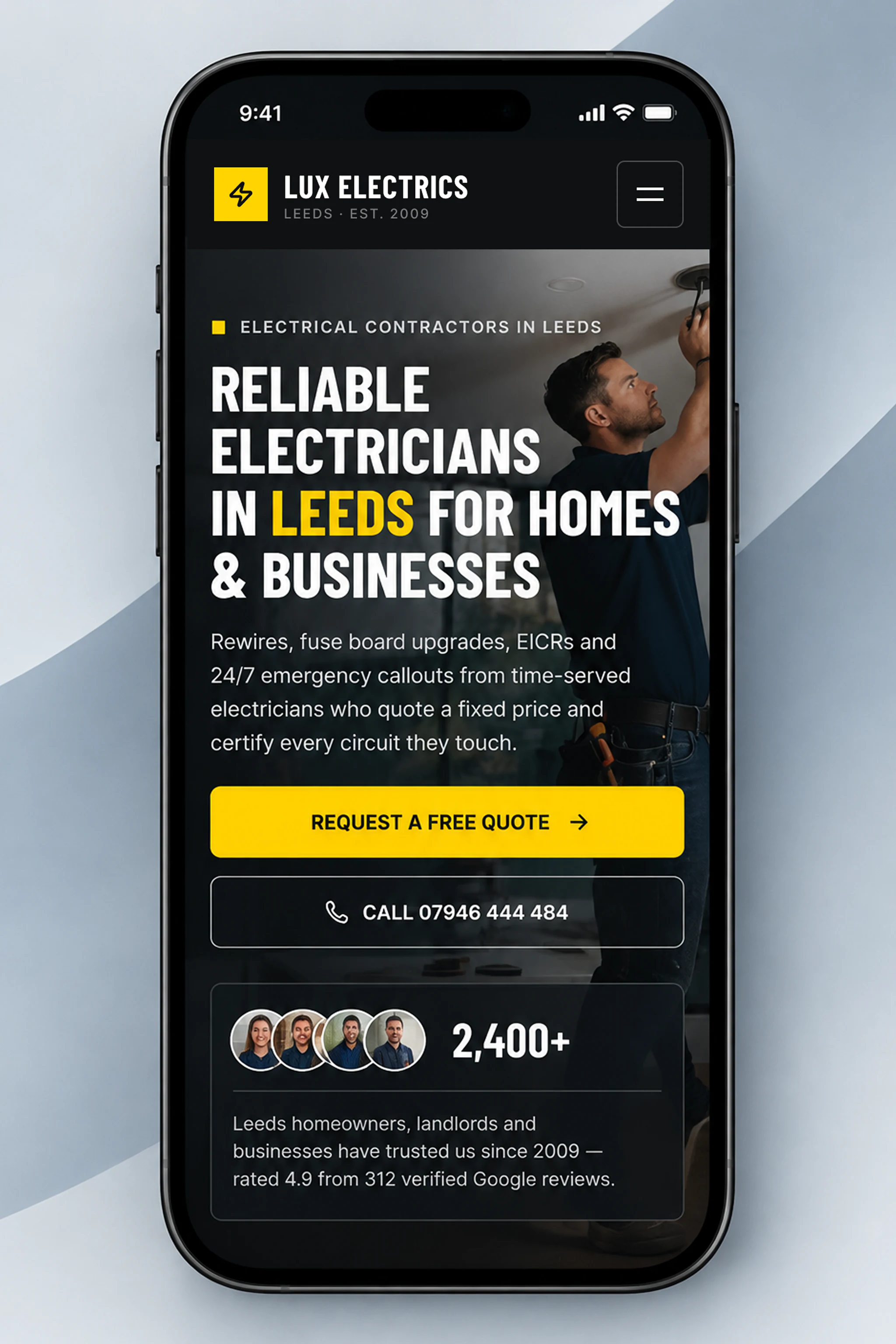 Lux Electrics mobile website interface